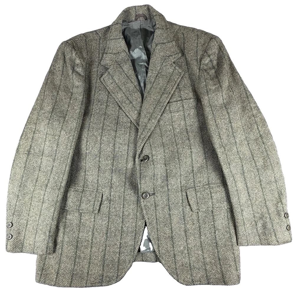 Vintage Harris Tweed 42 Gray Herringbone Green Windowpane Wool Sport Coat